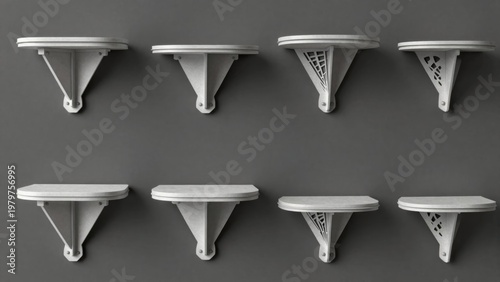 Set of Eight Decorative Minimalist Shelves Mounted on a Gray Wall for Stylish Home Organization