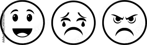 Series of Three Simple Outline Face Expressions Showing Happy Concern and Anger
