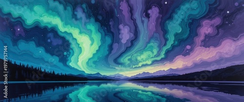 Vibrant Aurora Borealis Illuminating Night Sky Over Tranquil Lake with Reflections and Mountains