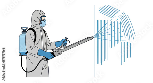 Person in hazmat suit spraying disinfectant on wall with blue lines indoor setting