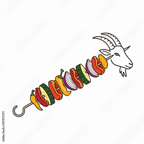 Goat head with colorful vegetable skewer.