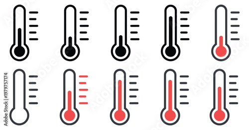 Thermometer temperature gauge icons set, black and red style vector illustration