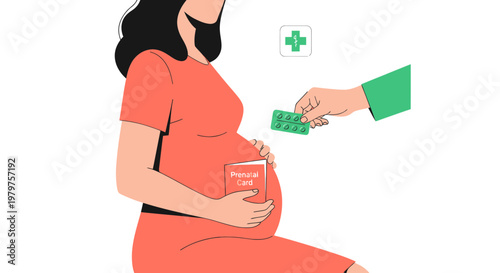 Pregnant woman receiving prenatal care and medical information from doctor or nurse with green medical cross