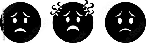 Series of Three Face Icons Displaying Increasing Stress with Swirling Mind