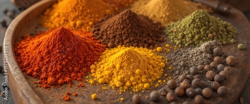 Colorful Assortment of Ground Spices Displayed on a Wooden Tray in a Rustic Kitchen Setting