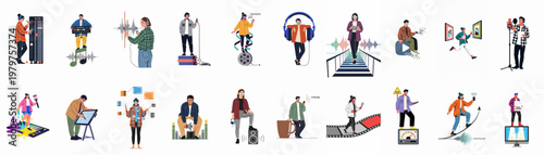 Comprehensive collection of eighteen modern flat illustrations representing various creative roles in audio, video, digital design, and multimedia production industries.