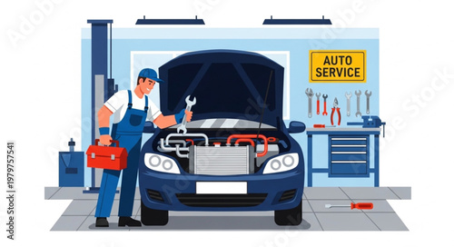 Mechanic working on car engine in auto service garage.