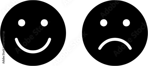 Pair of Bold Solid Black Smiling and Frowning Face Icons on White Background