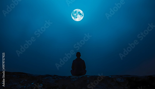 Silhouette of a person sitting on the ground under a bright full moon in a deep blue night sky. Calm, contemplative scene with minimal composition and copy space.