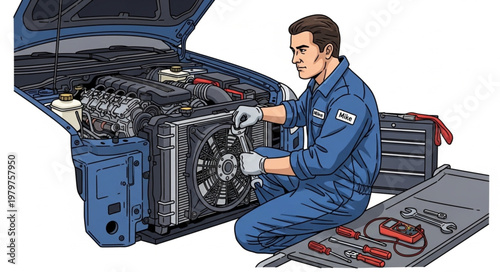 Mechanic working on car engine radiator repair and maintenance.