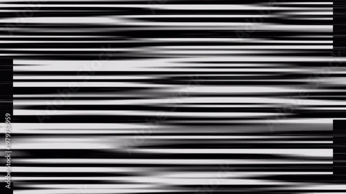 Abstract digital glitch distortion displaying high contrast black and white horizontal scanlines creating a continuous retro television static effect 4K UHD