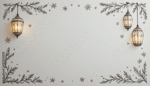 Vintage Lanterns Hanging on a Decorative Wall Surrounded by Floral Patterns and Soft Illumination