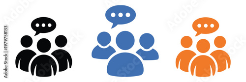 Team communication vector icon set with people silhouettes and speech bubbles, social discussion and collaboration concept, customer service and online community interaction symbols, modern flat illus