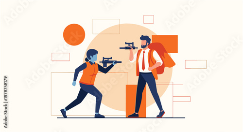 Two businessmen in playful orange and white isometric illustration with geometric shapes in bright modern lighting for marketing materials