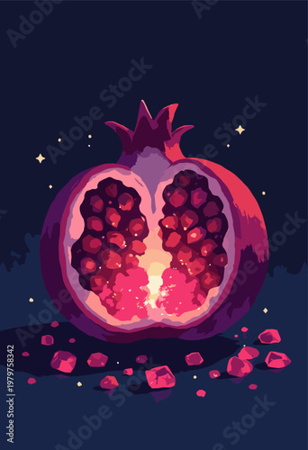minimalist graphic splitopen pomegranate seeds inside are glowing, geometric ruby crystals illuminating tiny, dark cavern Luxury nature concept High contrast No text