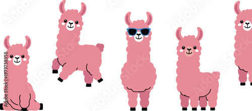Simple children style llama set with cute animals in various poses, playful cartoon character vector illustration isolated on white background