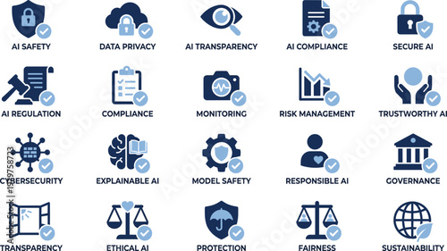 Artificial Intelligence Governance and Security Icons Set with AI Safety, Data Privacy, Compliance, Ethics, Transparency, and Cybersecurity Symbols for Technology and Policy Design