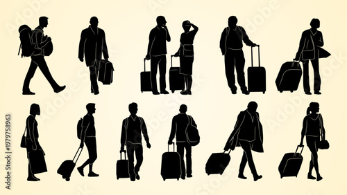 Silhouettes of travelers carrying luggage and suitcases in various poses, representing airport scenes, tourism, and modern travel lifestyle.