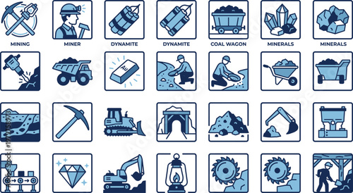 Mining and Construction Industry Icons Set with Excavator, Drill, Conveyor, Tunnel, Machinery, and Heavy Equipment Symbols for Engineering, Industrial, and Resource Extraction Design