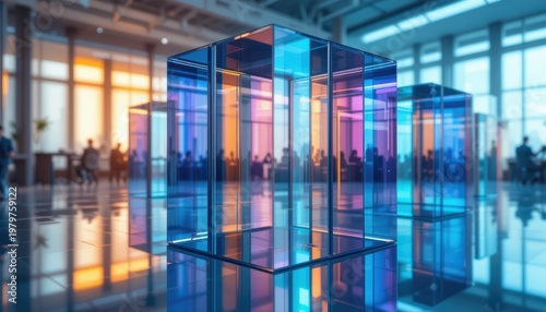 Colorful Translucent Glass Structures in Modern Business Workspace with Vibrant Lighting