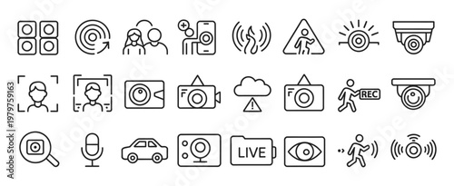 Surveillance monitoring line icon set, CCTV and dome security camera icons, intrusion detection and alert symbols, remote monitoring and protection concept, minimal thin line vector design