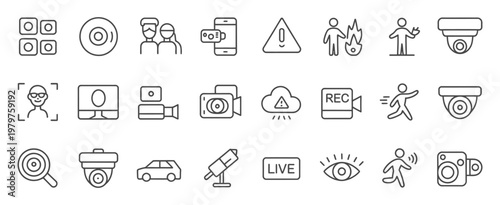 Surveillance monitoring line icon set, CCTV and dome security camera icons, intrusion detection and alert symbols, remote monitoring and protection concept, minimal thin line vector design