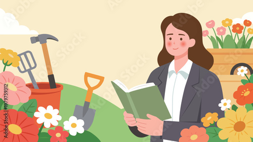 A professional woman reading a book in a garden on Labor Day