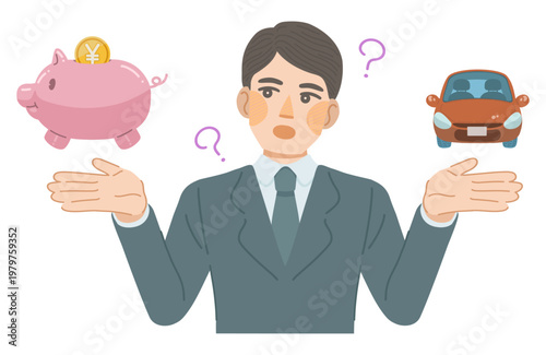 スーツ姿の男性が、車にかかる費用を考えているイラスト