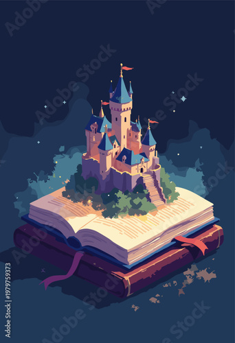 3D isometric thick, open hardcover book detailed, glowing medieval castle is physically popping out pages like 3D model Stories coming to life concept Dark background No text