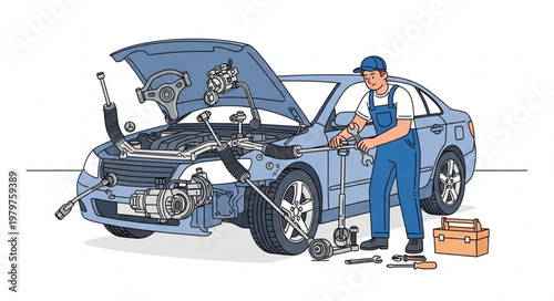 Mechanic working on car engine under hood with tools.