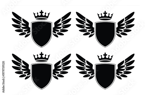 Four Black Shields with Wings and Crowns on White Background