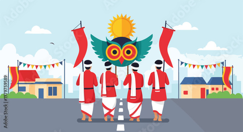 Illustration of a vibrant cultural procession with men in traditional attire, an owl figure, and festive decorations.