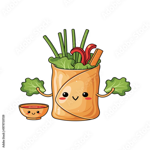 Cartoon takeout bag with vegetables smiling.