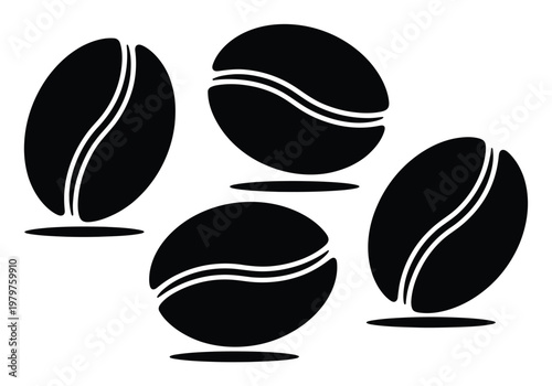 Four Stylized Black Coffee Beans with White Stripes on White Background