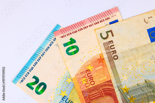 There are variety of euro cash banknotes, currency euro money bills used for transactions.