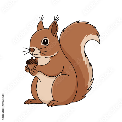 Cute cartoon squirrel holding acorn.