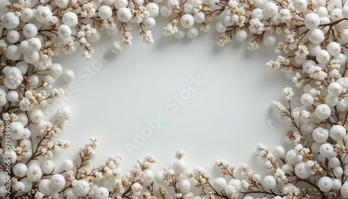 Delicate White Berry and Blossom Frame Surrounding a Soft Background in a Minimalist Layout