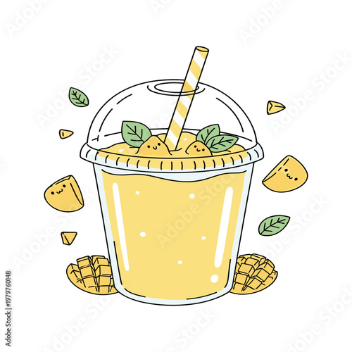 Mango smoothie with straw and leaves.