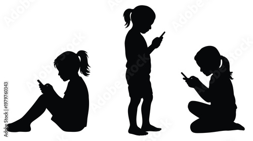 kids smartphone usage silhouette set, three girls engrossed in mobile phones, children digital interaction concept, modern technology and communication illustration, simple vector design on white back