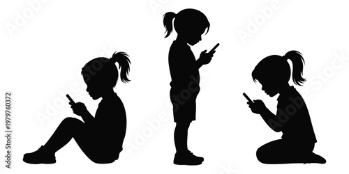 silhouettes of three young girls using mobile phones, children kids technology usage concept, social media and communication theme, isolated on white background, clean vector illustration.