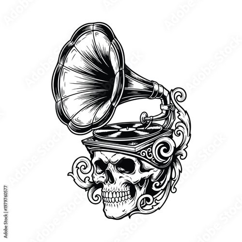 Detailed vintage gramophone with ornamental swirls, rendered in a classic black and white engraving style, evoking nostalgia and artistic flair against a transparent backdrop