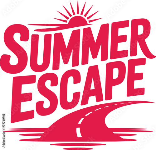 Summer Escape typography with sun and road over water for vacation and travel