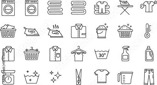 Laundry and clothing care icons set with washing machine, detergent, ironing, drying and cleaning symbols, home service and fabric maintenance vector illustration