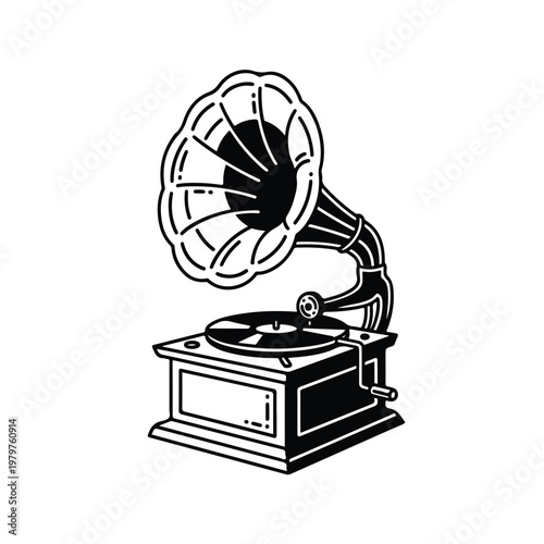 Intricate illustration of a broken skull fused with a vintage gramophone, revealing mechanical gears and bone fragments, presented in a detailed black and white graphic style on a clean