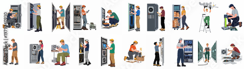 Diverse set of IT technicians and engineers maintaining, repairing, and installing hardware and server racks in a modern data center, flat vector illustration.