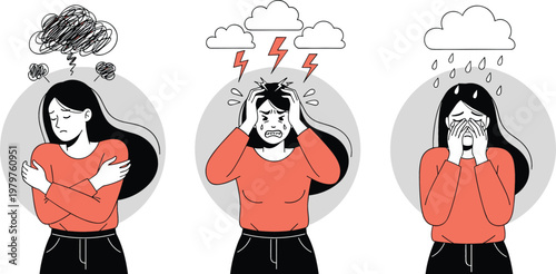 Mental Health Illustration Set Showing Anxiety Stress and Depression with Emotional Characters and Weather Metaphors for Psychology Awareness and Wellness Design