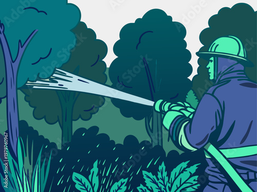 Firefighter Fighting Forest Fire Isolated Vector Illustration