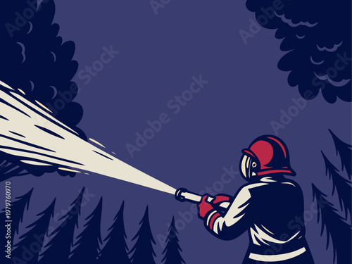 Firefighter Fighting Forest Fire Isolated Vector Illustration