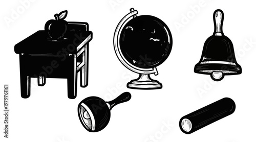 Educational objects silhouettes isolated black background design