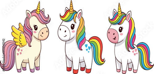 Adorable Unicorns with Rainbow Mane, Wings, and Cute Features for Fantasy Art, Kids’ Designs, and Magical Illustrations